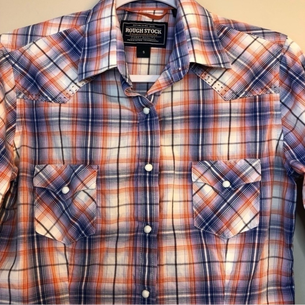 ROUGH STOCK Panhandle Slim Blue and Red Plaid Button Down Shirt-S 100% Cotton - Picture 2 of 7